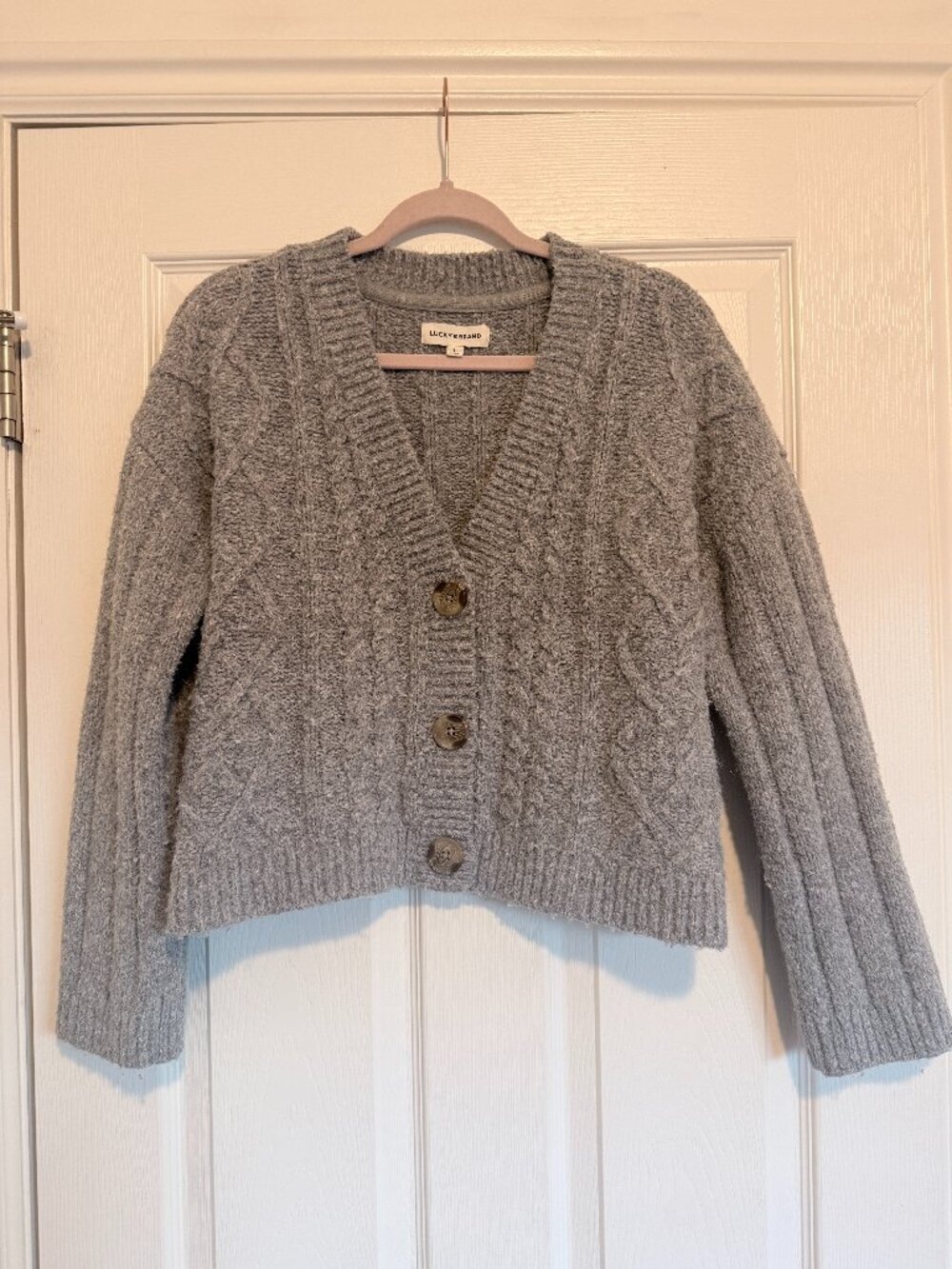 Lucky Brand Heather Gray Cable Knit Cropped V-Neck Button Cardigan Size L